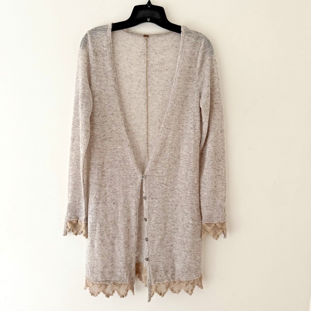 Free People Lace Trim Cardigan XS Gray Fairy Grunge Cottagecore Duster Romantic